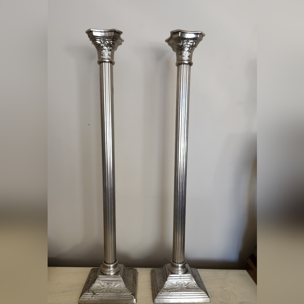 2 Tall Pillars Candle Pair Centerpiece Decor Metalware Ornate Silver Wedding